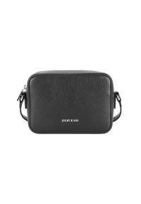 Borsa a tracolla nera in pelle con superficie testurizzata, forma rettangolare, chiusura con zip e accento del logo sulla parte anteriore. Inclusa una tracolla regolabile.