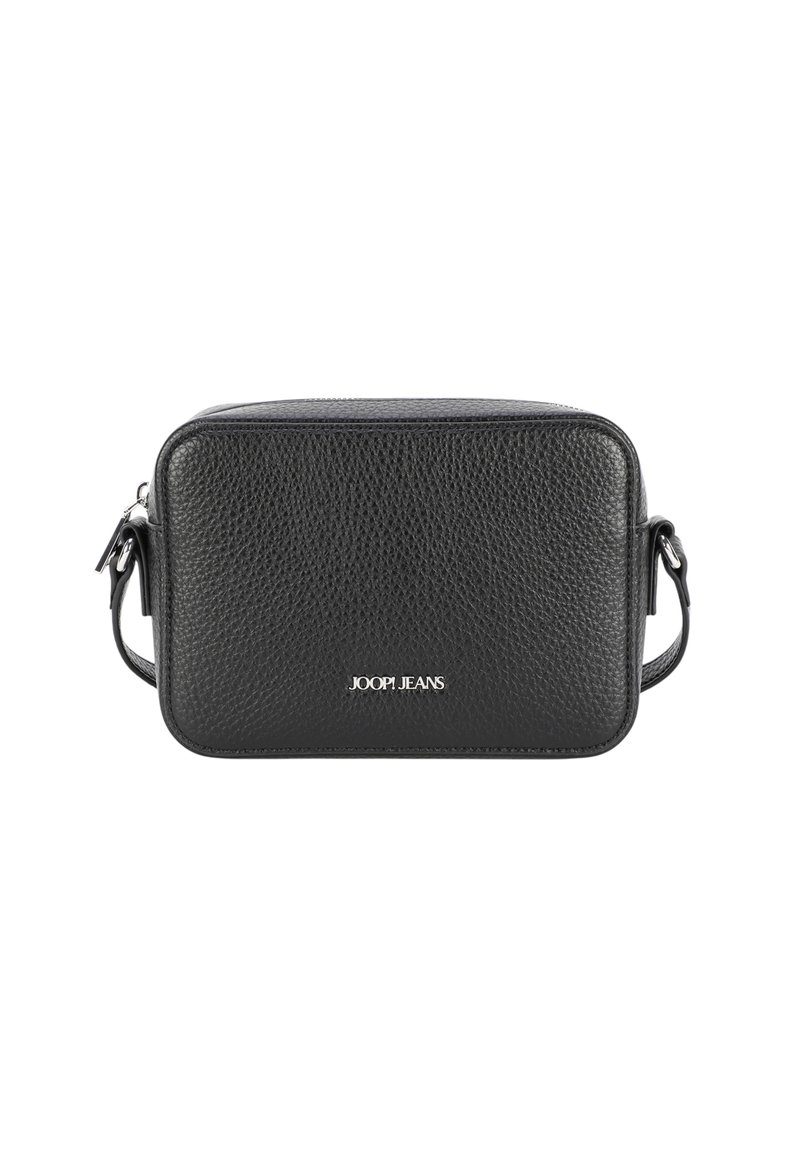 Borsa a tracolla nera in pelle con superficie testurizzata, forma rettangolare, chiusura con zip e accento del logo sulla parte anteriore. Inclusa una tracolla regolabile.