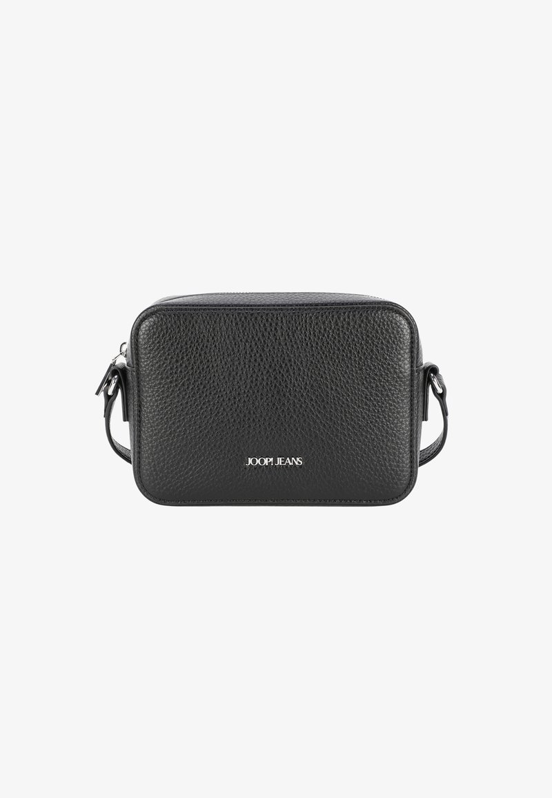 Borsa a tracolla nera in pelle con superficie testurizzata, forma rettangolare, chiusura con zip e accento del logo sulla parte anteriore. Inclusa una tracolla regolabile.