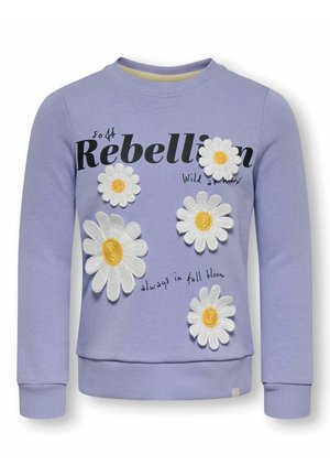 Sweat-shirt lilas à manches longues avec inscription noire "Rebellion" et cinq marguerites blanches à centres jaunes brodées sur le devant.