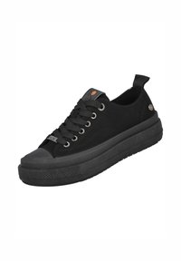 Las zapatillas de lona negras cuentan con una punta redondeada, diseño con cordones, suela de goma gruesa y un tirador en el talón. Los detalles incluyen ojales plateados.