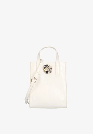 White leather handbag with dual handles, a long adjustable strap, and a decorative silver flower detail on the front center.