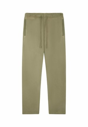Pantalon décontracté vert olive clair avec ceinture élastique, cordon de serrage et poches latérales zippées verticales, présenté à plat sur fond blanc.