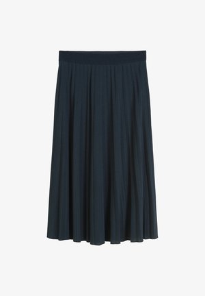 Donkerblauwe geplisseerde rok met een elastische tailleband, die een vloeiende uitstraling heeft en ideaal is voor casual of semi-formele kleding.