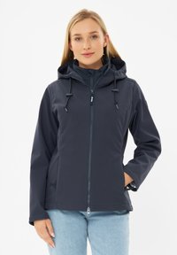 Donkergrijze hooded jacket met een rits aan de voorkant, verstelbare trekkoorden en een zachte textuur. Heeft zijzakken en een aansluitende pasvorm.