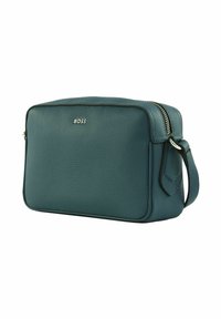 Borsa a tracolla rettangolare in pelle teal con zip argentata, anello per tracolla e logo "BOSS" sul davanti.