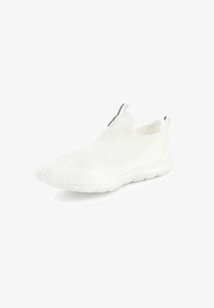 White slip-on sneaker made of mesh material with a textured design, rounded rubber sole, and a contrasting gray accent at the opening.