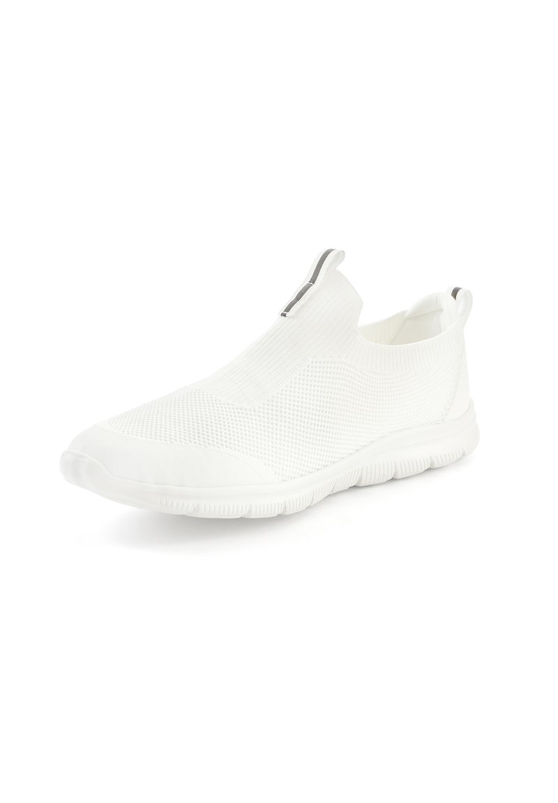 White slip-on sneaker made of mesh material with a textured design, rounded rubber sole, and a contrasting gray accent at the opening.