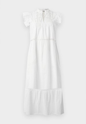White cotton dress with short ruffled sleeves, a high neck, and lace detailing. The dress has a gathered bodice and a tiered hem.
