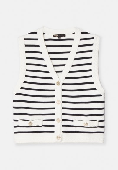 Stripet singlet uten ermer i hvit og svart, med V-hals, fem knapper og to frontlommer med dekorative knapper. Teksturert kant.