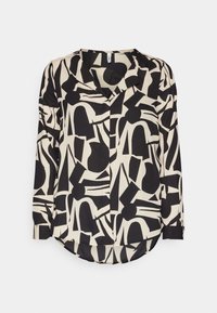 Blusa a fantasia nera e crema con scollo a V, maniche lunghe e orlo curvo. Il tessuto appare liscio e leggero con forme astratte.