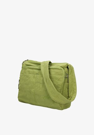 Sac bandoulière vert clair avec plusieurs compartiments zippés et une large sangle d'épaule réglable.