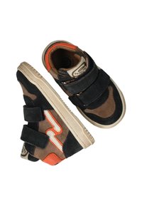 Baskets en velcro marron et noires avec des accents orange, semelles en caoutchouc et en suède, présentant un design distinctif sur les côtés.