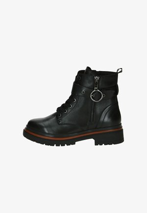 Stivali alla caviglia in pelle nera con punta rotonda, allacciatura frontale, cerniera laterale e un accent metallico sul cinturino. Suola in gomma robusta.