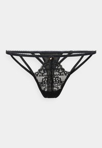 Zwarte kanten string met ingewikkelde bloemenpatronen, dunne bandjes en een decoratieve hardware-accent aan de achterkant.