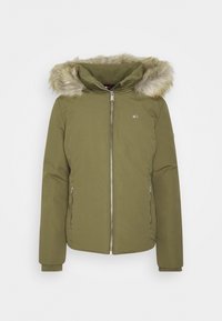 Olive green puffer jacket with a faux fur hood, front zipper, and ribbed cuffs. Features a small logo on the chest and side pockets.
