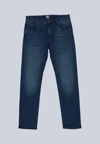 Dark blue denim jeans with a straight-leg design, five pockets, subtle fading, and metal hardware at the waist and pockets.