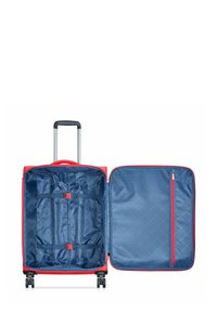 Red hard-shell suitcase with retractable handle, four wheels, and blue interior featuring straps and a zippered pocket.
