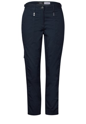 Námořnické modré kalhoty vyrobené z lehké tkaniny s uzávěrem na zip a knoflík, čtyřmi kapsami a švy. Vhodné pro každodenní nošení.