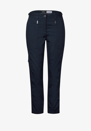 Laivansiniset housut, jotka on valmistettu kevyestä kankaasta, vetoketjulla ja napilla suljettavat, neljä taskua ja ompeluyksityiskohdat. Sopii jokapäiväiseen käyttöön.