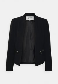 Veste noire ajustée avec un design cintré. Elle présente une texture tissée lisse, un devant ouvert et des poches zippées de chaque côté. Étiquette "ONLY" à l'intérieur.