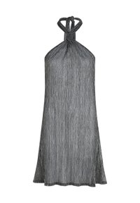 Apkakles kakla kleita pelēkā audumā ar vertikālām svītrām, ar vaļīgu piegriezumu un sasienamu kakla daļu. Gluda tekstūra, ceļgalu garuma dizains.