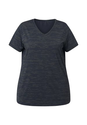 Marineblauw sportt-shirt met korte mouwen, v-hals en een gestructureerd patroon van dunne horizontale lijnen in lichtere tinten.