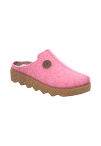 Pink felt clogs with a textured surface, a round logo on the side, and a thick brown rubber sole with a zigzag pattern.