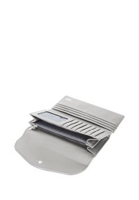 Gray leather wallet with multiple card slots, a transparent ID holder, and a zippered compartment. Textured interior with zigzag pattern.