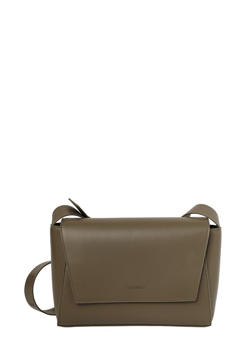 Skuldertaske i olivengrønt læder med rektangulært design, klaplukning, justerbar rem og præget logo på forsiden.