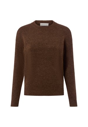 Brauner gestrickter Pullover mit rundem Hals, langen Ärmeln, strukturiertem Stoff und geripptem Saum, der ein weiches und gemütliches Aussehen hat.
