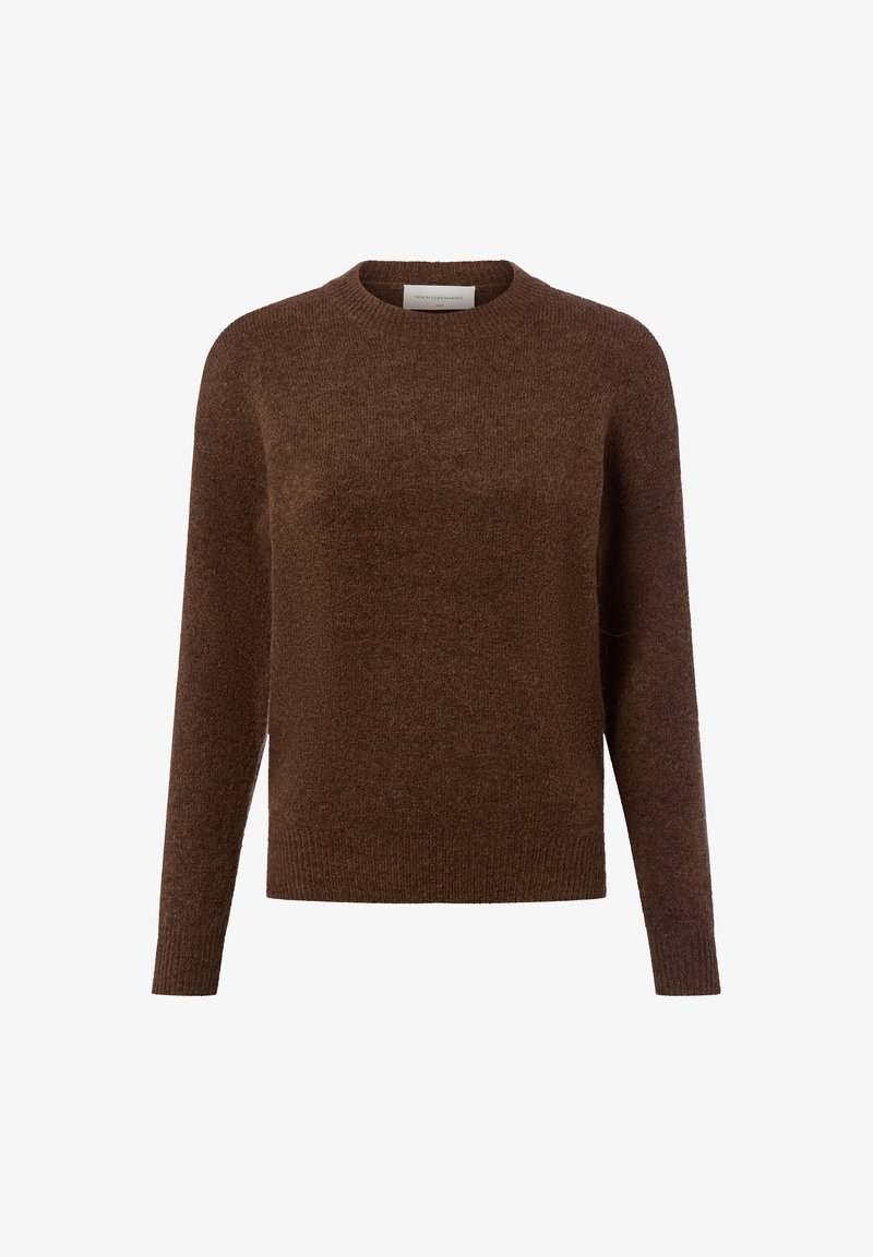 Brauner gestrickter Pullover mit rundem Hals, langen Ärmeln, strukturiertem Stoff und geripptem Saum, der ein weiches und gemütliches Aussehen hat.