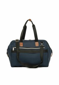 Sac de sport bleu marine en tissu avec des accents en cuir marron, deux poignées supérieures, une sangle réglable, une poche zippée à l'avant et des garnitures en argent.