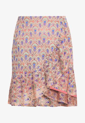 Mønstret nederdel med en delikat blanding af pink, grønne og blå nuancer, med en flæsekanter og et detaljeret paisleymotiv. Tekstureret stoffinish.