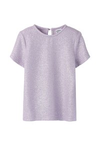 Korte ermede lilla glitrende teksturert topp med rund hals og knappelukking bak.