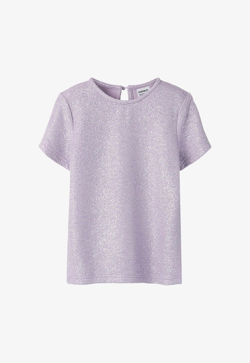 Korte ermede lilla glitrende teksturert topp med rund hals og knappelukking bak.