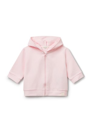 Felpa rosa chiaro con zip, realizzata in tessuto morbido. Presenta un cappuccio, maniche corte e un piccolo logo sull'orlo. Design semplice e minimale.