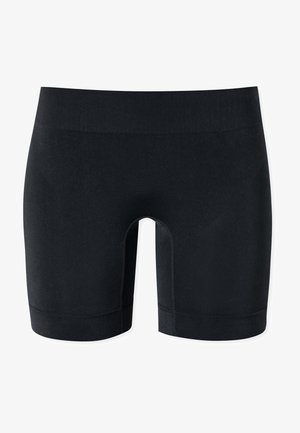 Schwarze Shorts aus glattem, dehnbarem Material. Mit einem mittelhohen Bund, körpernahem Schnitt und nahtlosem Beinabschluss für Komfort und Flexibilität.