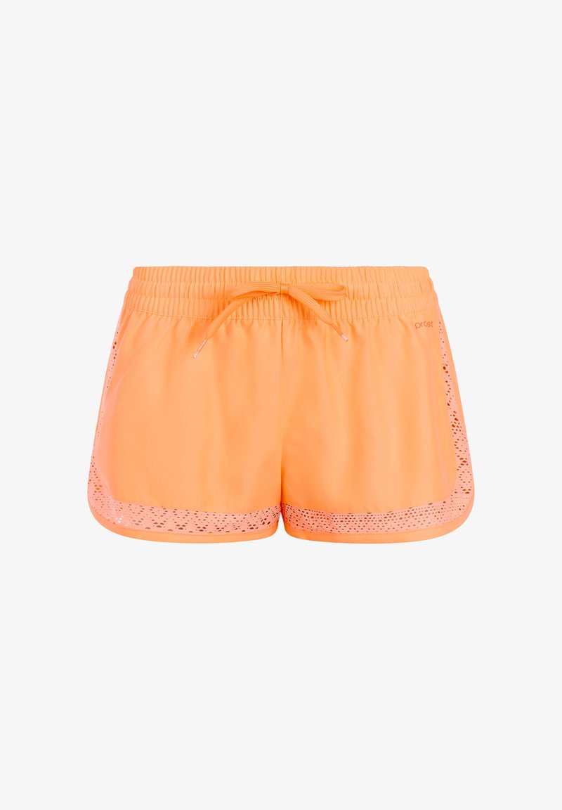 Pantalones cortos deportivos de color naranja brillante con cintura elástica, cordón frontal ajustable y ribete perforado a lo largo de los lados y el dobladillo.