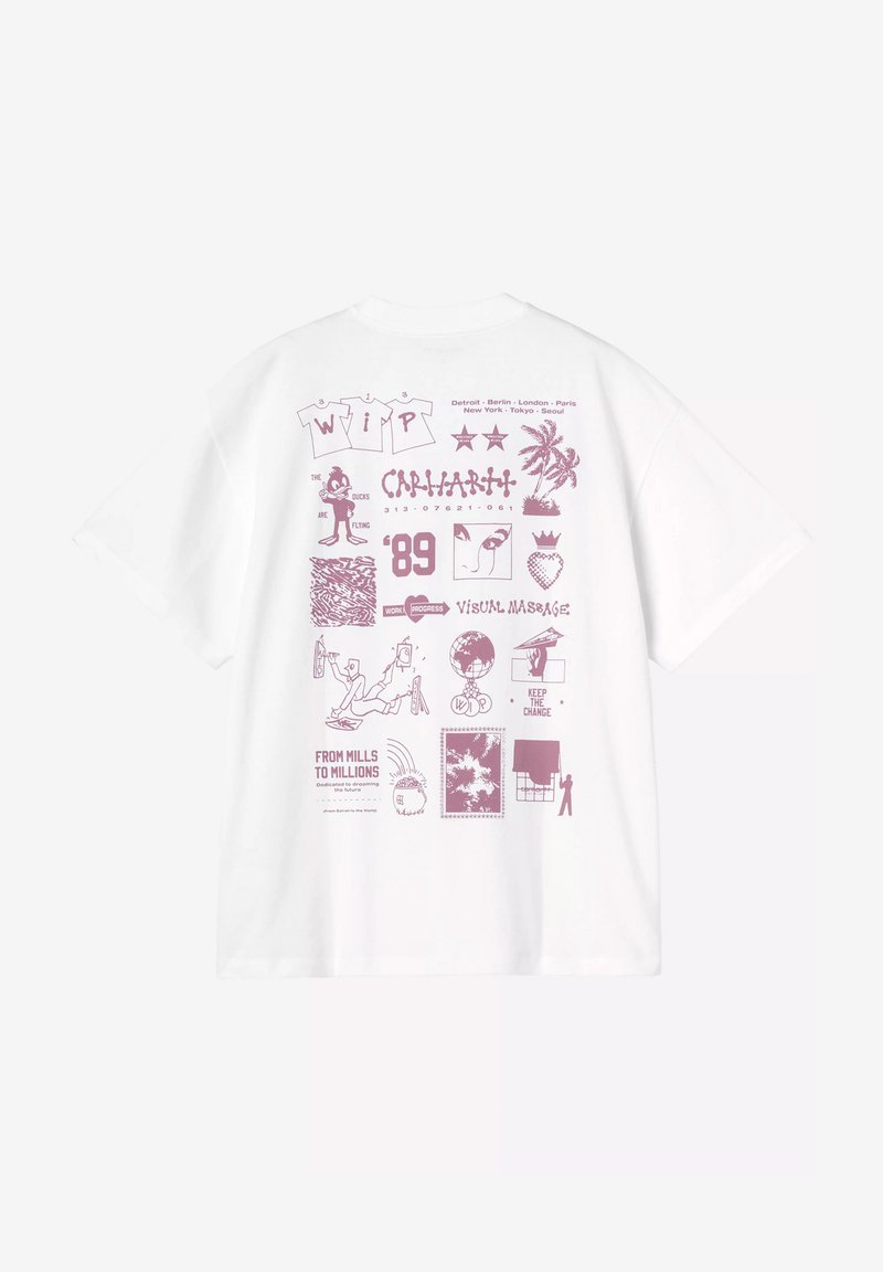 Camiseta blanca con gráficos morados que incluyen un pato de dibujos animados, palmeras, nombres de ciudades, el texto "EN PROCESO DE TRABAJO", "MENSAJE VISUAL" y varios diseños abstractos.