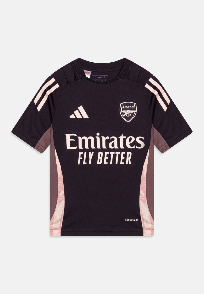 Maillot de football noir à manches courtes, avec des accents roses, le logo d'Arsenal et le texte "Emirates Fly Better". Fabriqué en tissu Aeroready.