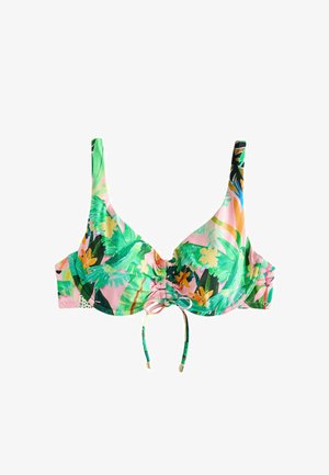 Alátámasztott bikini felsőrész állítható elülső megkötővel, zöld trópusi levelek és madarak mintával rózsaszín alapon.