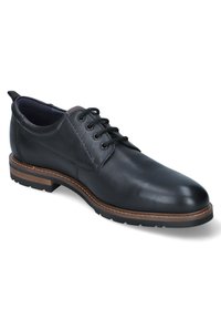 Chaussure à lacets en cuir noir avec une finition lisse, accents marron clair et semelle en caoutchouc texturée. Présente une pointe arrondie et des détails de couture.