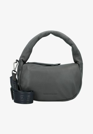 Borsa a tracolla in pelle grigia con manico arrotondato, chiusura con zip e tracolla rimovibile, con la scritta "HARBOUR 2ND". Design minimalista e texture liscia.
