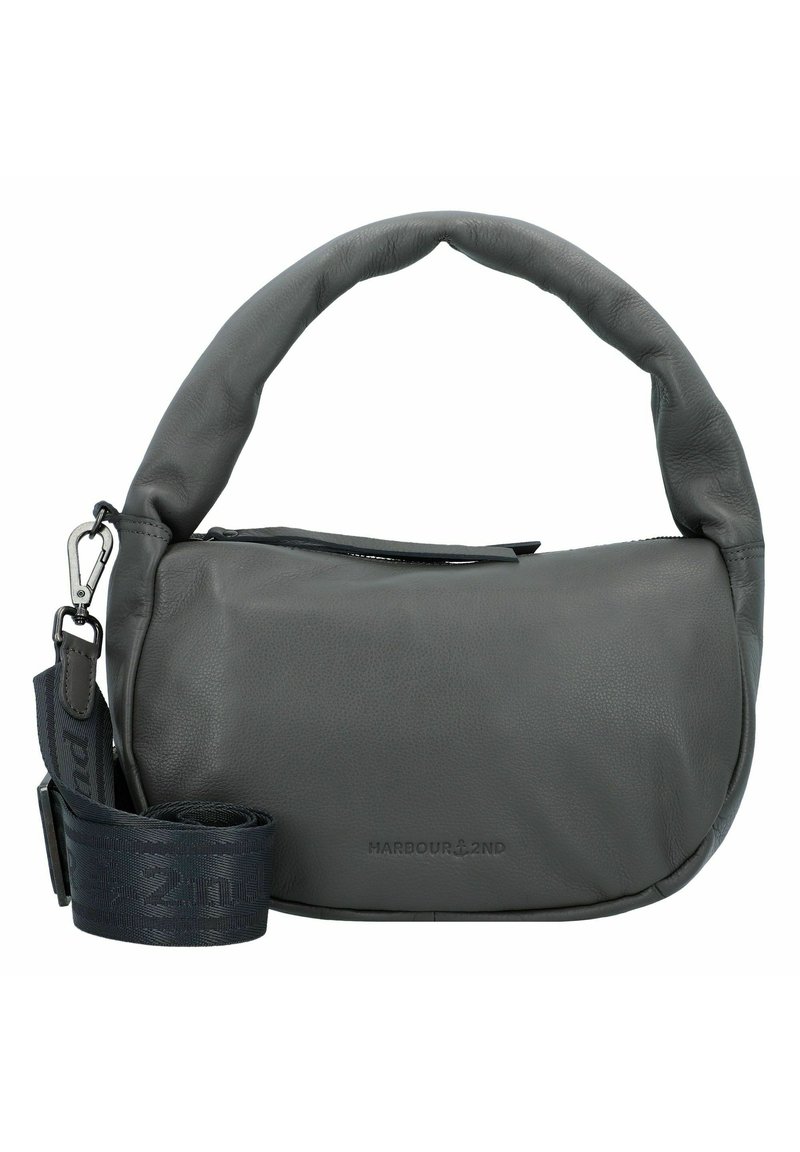 Borsa a tracolla in pelle grigia con manico arrotondato, chiusura con zip e tracolla rimovibile, con la scritta "HARBOUR 2ND". Design minimalista e texture liscia.
