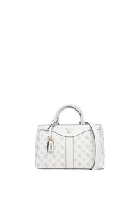 Borsa a tracolla sintetica bianca con un delicato motivo a logo, attacchi in metallo argentato, manici doppi, una tracolla removibile e portachiavi decorativo.