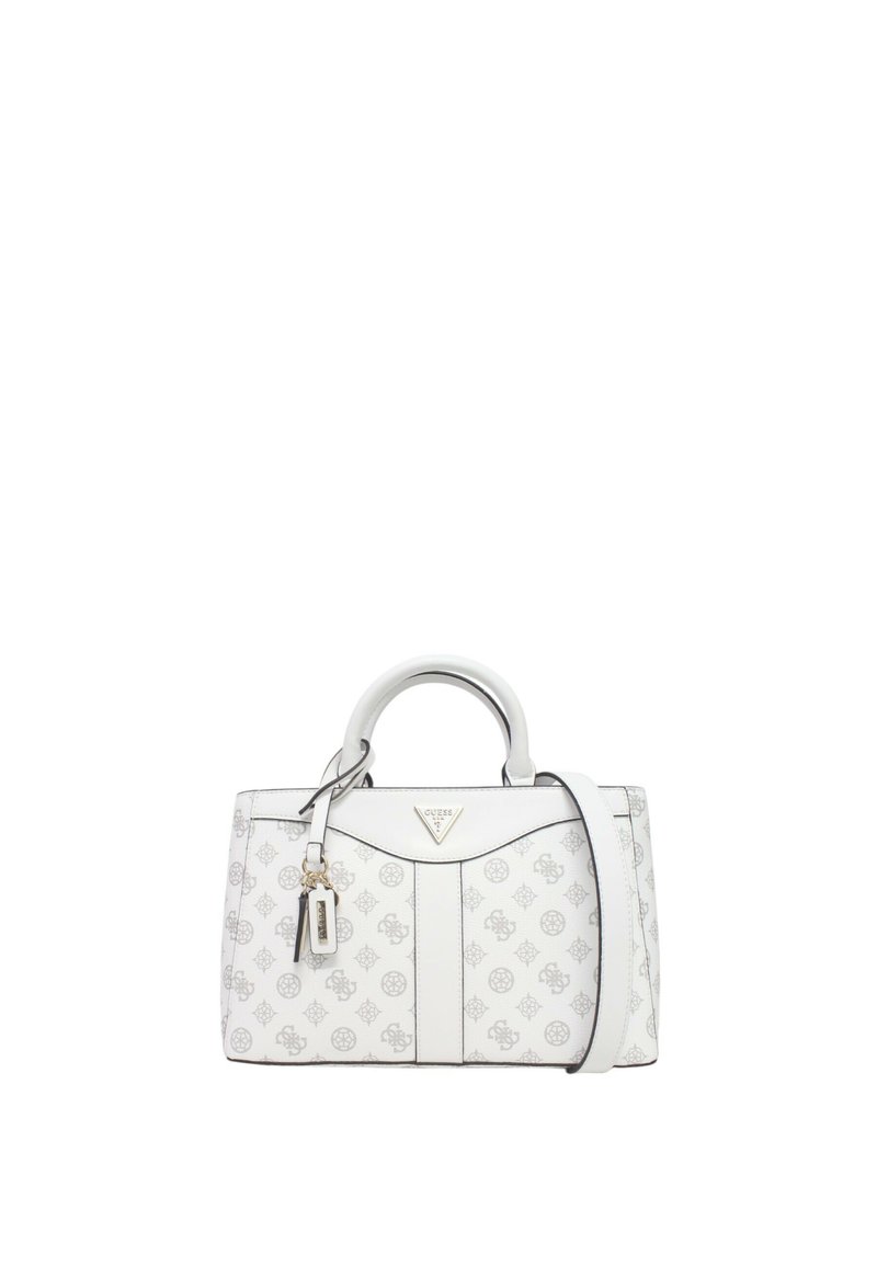 Borsa a tracolla sintetica bianca con un delicato motivo a logo, attacchi in metallo argentato, manici doppi, una tracolla removibile e portachiavi decorativo.