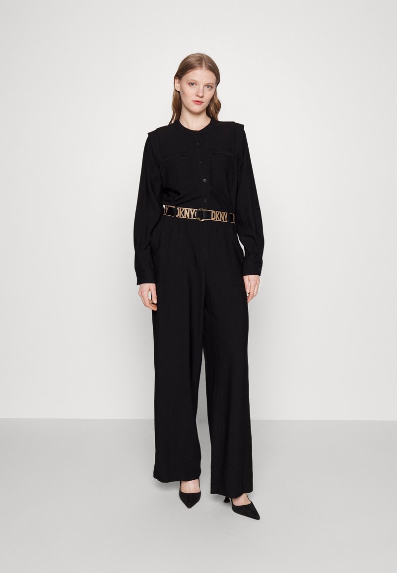 DKNY  Women's  Tie Neck Leopard Belt Jumpsuit Black Size 14