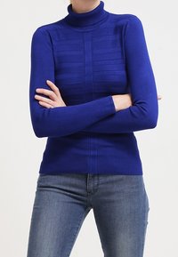 Pull à col roulé bleu avec texture côtelée, comportant des rayures horizontales sur le devant et des manches ajustées. Associé à un jean en denim.