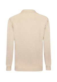 Maglione beige lavorato a maglia con colletto, maniche lunghe e polsini a coste. Tessuto liscio senza motivi o dettagli hardware.